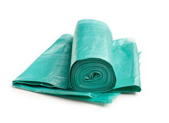 Green roll of garbage bags isolated on white background