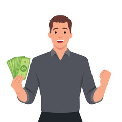 Young businessman showing cash, money and making raised hand fist gesture sign. Person holding currency notes. Male character design illustration. Human emotions