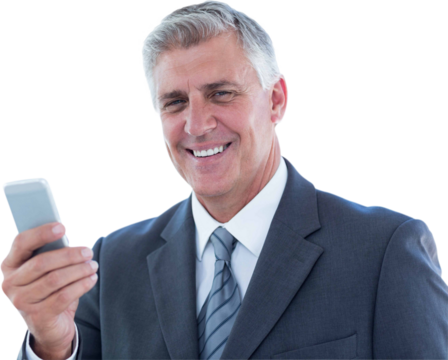 Smiling businessman using his smartphone