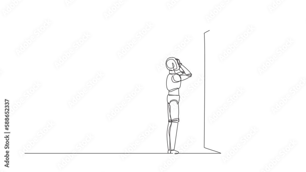 Poster self drawing animation of single one line draw robot standing confused in front of brick wall barrie