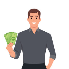 Smiling business man in suit standing holding fan of dollar cash showing money. Happy employee receiving a salary