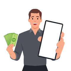 Portrait of young business man showing or holding a new digital smartphone (Mobile, Cell) and cash, money, currency notes in hand