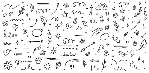 Sketch element line set. Abstract nature element decoration graphic icon set. Sketch hand drawn line element for brush, abstract decoration design. Vector illustration