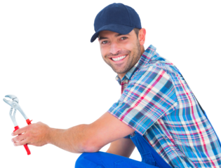 Happy handyman holding pliers on white background