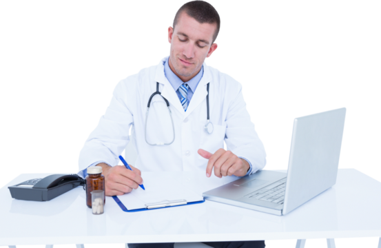 Male doctor writing while sitting by desk