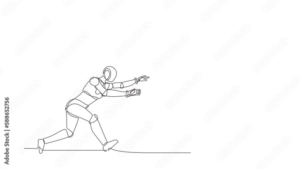 Poster self drawing animation of single line draw robot running chasing after run away money. future techno