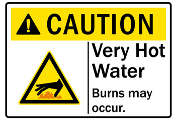 Hot warning sign and labels very hot water, burns may occur