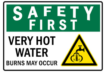 Hot warning sign and labels very hot water, burns may occur