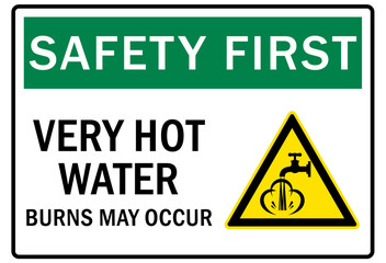 Hot warning sign and labels very hot water, burns may occur
