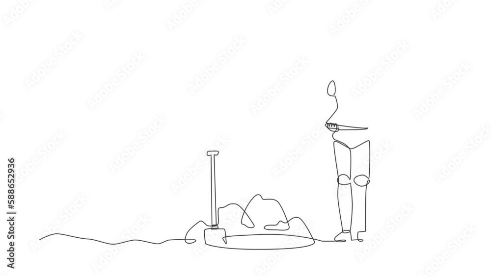 Poster self drawing animation of single line draw robot standing holding big diamond. future technology dev