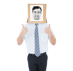 Businessman with photo box on head