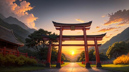 Landscape view of torii gate with sunrise in the morning
