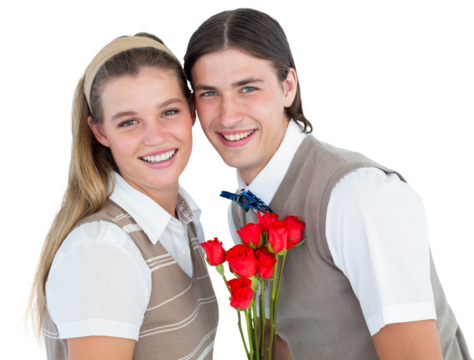 Happy geeky hipsters looking at camera 