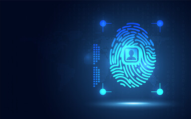 Fototapeta premium Biometric fingerprint on blue background with copy space. Cyber security and criminal protection concept. Big data theme. New futuristic digital system technology sign and symbol. Vector illustration.