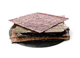 Slate board with natural nori sheets isolated on white background