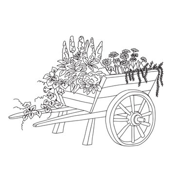 wheelbarrow filled flowers outline clip art preview