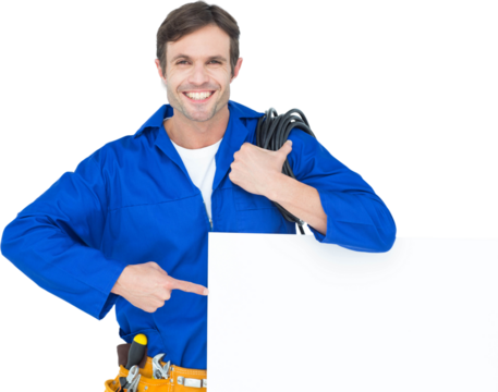 Handsome electrician with wire pointing at bill board