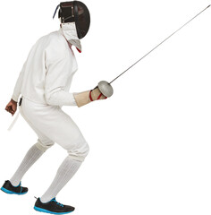 Man wearing fencing suit practicing with sword