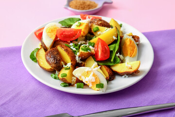 Plate of tasty potato salad on pink background