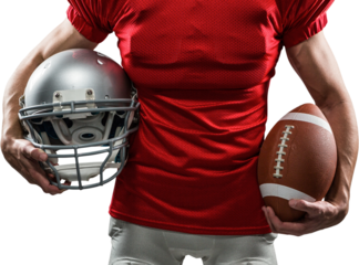 Midsection of American football player in red jersey holding helmet and ball