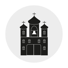 An image of a silhouette of a Christian church in black with a white outline. The church as a logo