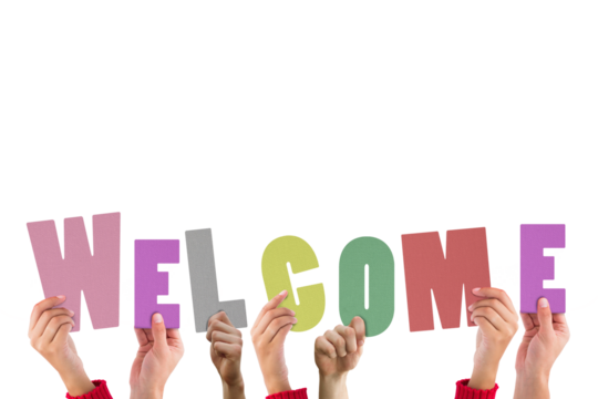 Cropped hands holding colorful alphabets forming welcome - Powered by Adobe