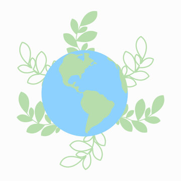 Vector illustration of Earth globe with green leaves, recycle leaves. Concept of World Environment Day, save the Earth, Earth day