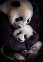 Panda cub snuggled up to its mother, generative ai
