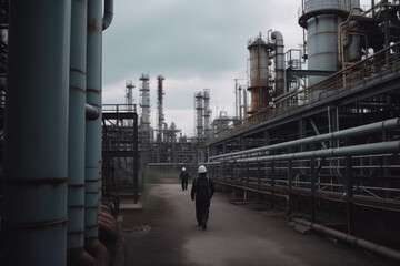 Obraz na płótnie Canvas Inside a refinery .Workers in the oil field, the petrochemical industry, and the production of oil and gas. Ai generative