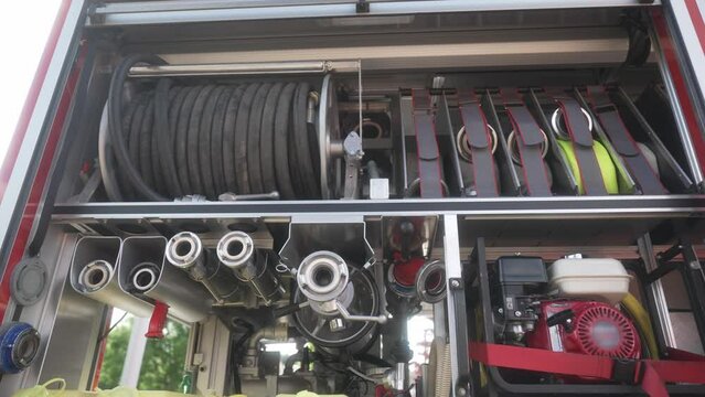 German fire truck equipment in slow mo 4K