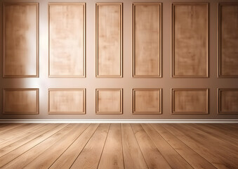 Light brown empty wall with decorative paneling wood Flooring, and timeless architecture creates a stunning home interior without any people, Generative AI