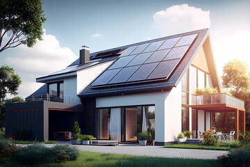 House with solar panels on the roof. Generative ai.