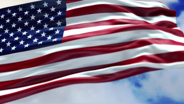 USA flag. Beautiful waving USA Flag on the Blue Sky background, Close-up. Wavy National USA Flag, main american symbol, 3D 4K video. Banner ribbon of the United States of America
