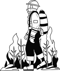 firefighter with fire suit illustration in doodle style
