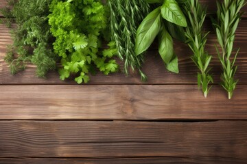 Fresh herbs on wooden background with space for text