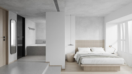 Interior modern style bedroom ,bathtub on the side. And there is natural light from the window. 3D illustration