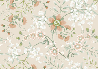 Fantasy flowers in retro, vintage, jacobean embroidery style. Seamless pattern, background. Vector illustration.