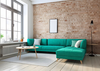 Luxurious Home Interior with Chair and Sofa, Home interior with a classic cyan sofa, chair, and flooring, perfect for creating a cozy living room atmosphere