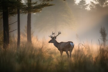 Enchanted Morning: A Deer in the Misty Forest created using generative AI
