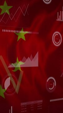 Animation of financial data and graphs over flag of china