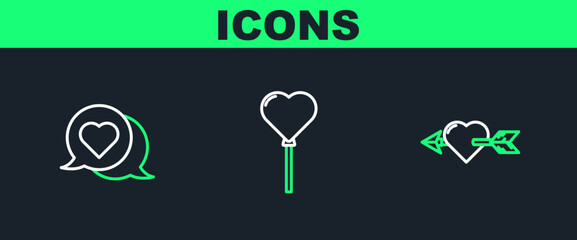 Set line Amour with heart and arrow, Heart in speech bubble and Balloons form of icon. Vector