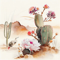 Beautiful watercolor vintage cactuses, succulents, cacti with pink, white and yellow flowers.