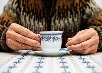 Female pensioner drinking a cup of coffee, United Kingdom - Powered by Adobe