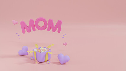 Happy Mothers Day with Gift Box background. Funny Style Sale Promotion Banner Background for Product display or Social Media Banner. Sale Text Font 3D Illustration.