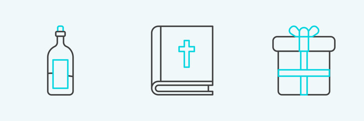 Set line Gift box, Bottle of wine and Holy bible book icon. Vector