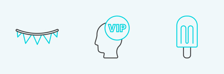Set line Ice cream, Carnival garland with flags and Vip inside head icon. Vector