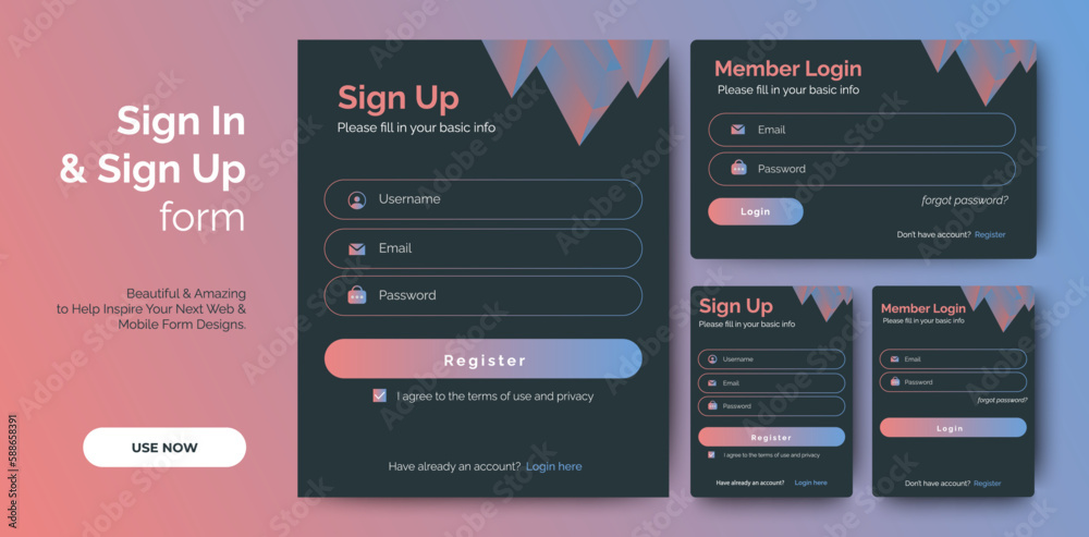 Poster set of sign up and sign in forms. dark concept. mobile registration and login forms page. profession