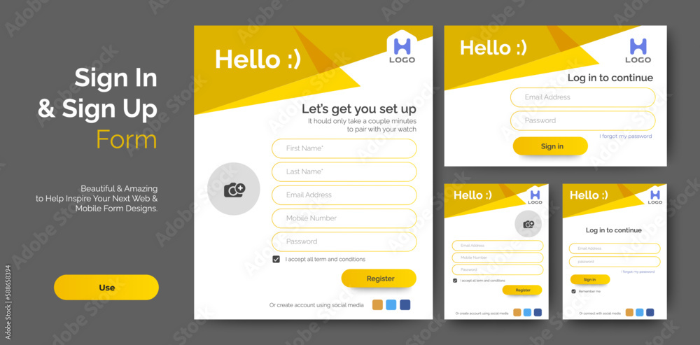 Poster set of sign up and sign in forms. yellow gradient. mobile registration and login forms page. profess