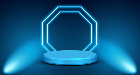 Stage with pedestal and neon frame, blue background, podium illuminated by spotlights. Template for banners, winners presentations and promotional products, billboard, website. Vector