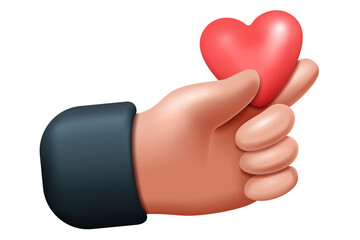 3d vector, hand holding a red heart, sign of love. Concept like, emotional expression of respect and approval in the form of icon, endearment, illustration of feeling and gesture of affection